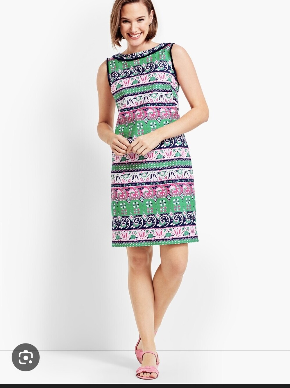 Talbots Geo Floral Fringed Sheath Dress sz 16W Green Pink Chic Mod Preppy